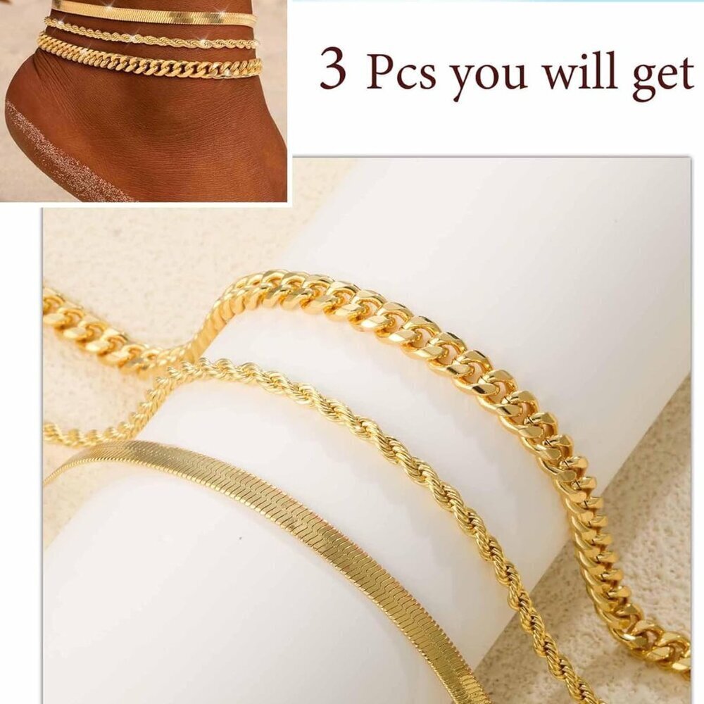Women's Gold Silver Anklets Set 14K Plated Cuban Heart Layered Beach Jewelry - Picture 3 of 9
